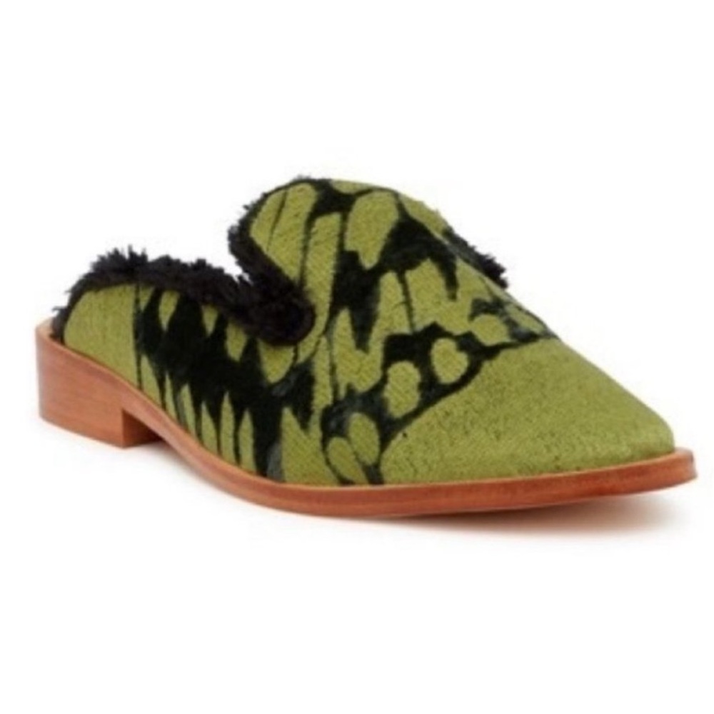 Free People Butterfly Effect Faux Fur Mule Size 38 Green Slip On Flat Loafer New